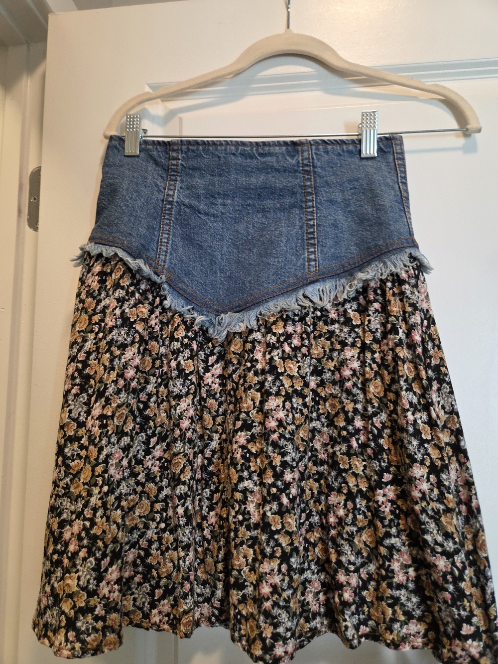 SWITCH USA Vintage Denim Floral Midi Skirt Fringe Western Boho